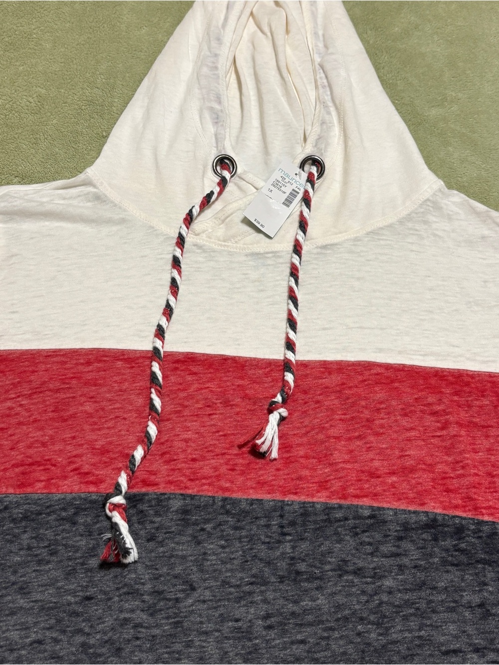 Maurices Ladies Plus Size L/S Hooded Top Red / White & Charcoal Stripes